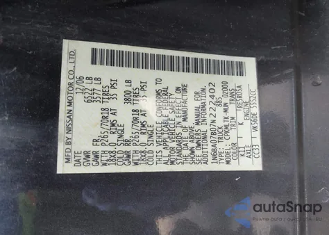 2007 Nissan Titan Se from USA, damaged, VIN 1N6BA07B07N222402